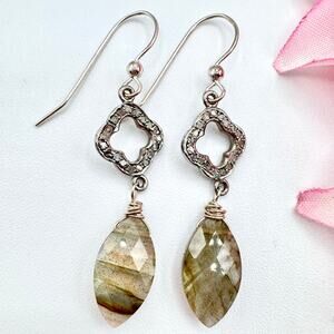 Labradorite & Diamond? Sapphire? Clover Dangle Earrings Silver Tested Upcycle
